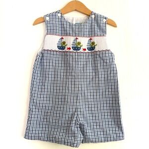 Velani Classics Blue Gingham Hand Smocked Frog Sailboat Romper 24M Sleeveless